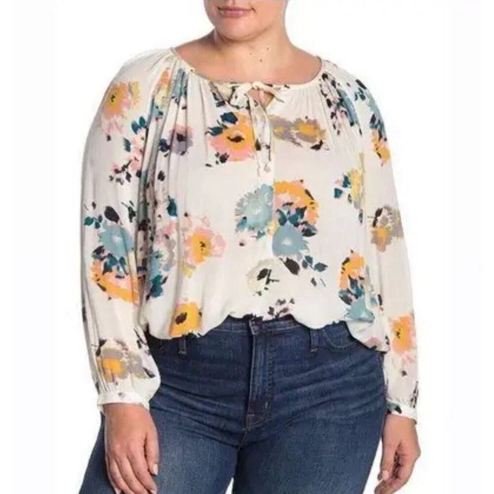 Lucky Brand Long Sleeve Ivory Floral Lightweight Flowy Boho Tie Neck Blouse 2X